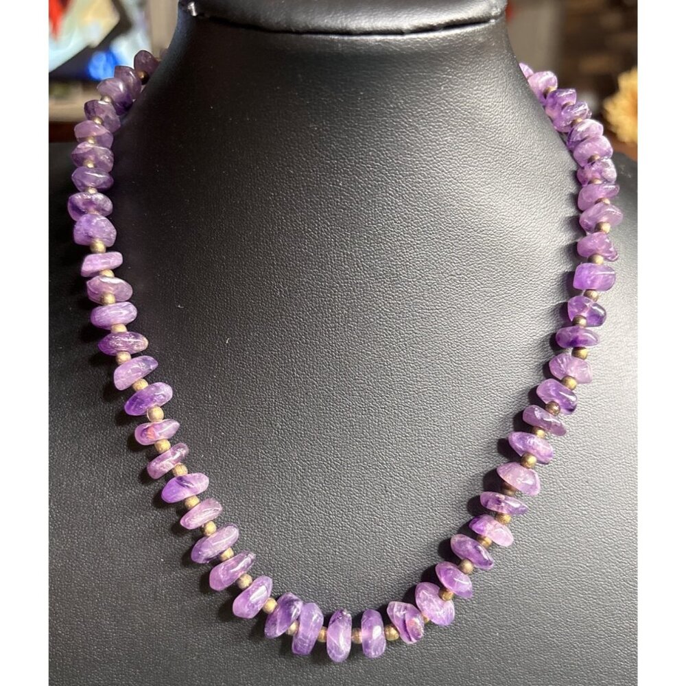 VTG‎ Amethyst & Gold Beaded Necklace 16” Purple Gemstone 10k barrel gold clasp